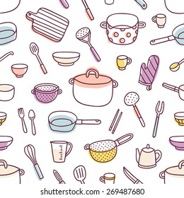 Kitchenware And Cooking Utensils Colorful And Fun Doodle Seamless Pattern