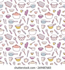 Kitchenware And Cooking Utensils Colorful And Fun Doodle Seamless Pattern