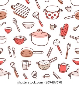 Kitchenware and cooking utensils colorful and fun doodle seamless pattern