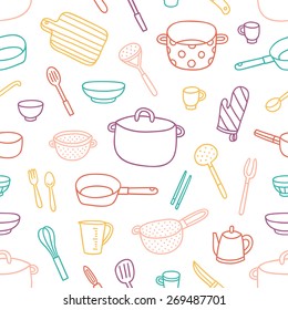 Kitchenware And Cooking Utensils Colorful And Fun Doodle Seamless Pattern