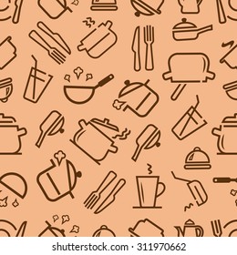 Kitchenware and cooking utensils colorful and fun doodle seamless pattern. Vector seamless background for your design.