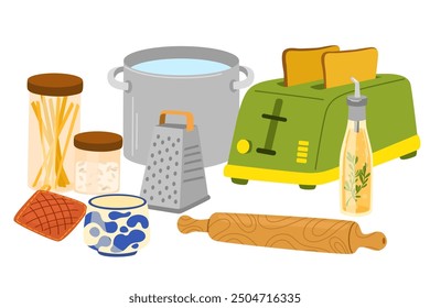 Kitchenware, cooking utensils. Cookware, household tools composition. Kitchen ware, cutlery, saucepans, board, stuff, appliances and equipment. Flat vector illustration isolated on white background