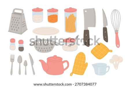 Kitchenware, cooking utensils. Cookware, household tools composition. Kitchen ware, cutlery, saucepans, board, stuff, appliances and equipment. Flat vector illustration isolated on white background