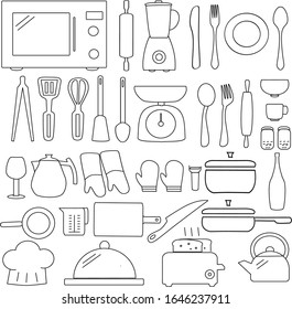 Kitchenware and Cooking Utensils Thin Outline Icons Set