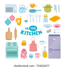 Kitchenware, cookware, kitchen tools set. Teapot, fridge, cup of tea, pot and other dishware.