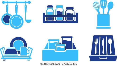 Kitchenware, cookware, utensils, organized storage, dishes, cutlery, pots, pans, cleaning, preparation, cooking tools.