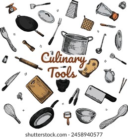Kitchenware Culinary Tools Utensil Doodle Chef Equipment Colored Hatching Vector Bundle