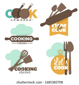 Kitchenware and cutlery, cooking school or classes isolated icons vector. Whisk and spatula, pan and chef hat, spoon and fork, rolling pin. Emblems or logo, culinary training, food and dishes recipes