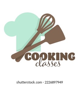 Kitchenware and cutlery cooking school or classes isolated icons vector whisk and spatula plate and chef hat spoon and fork pan and rolling pin emblem or logo training culinary food and dishes recipes