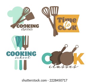 Kitchenware and cutlery cooking school or classes isolated icons vector whisk and spatula plate and chef hat spoon and fork pan and rolling pin emblem or logo training culinary food and dishes recipes