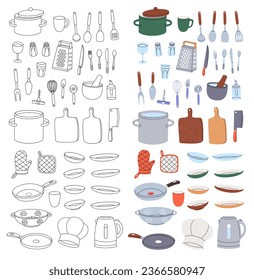 Kitchenware and cutlery. Cooking tools, kitchenware, utensil. Kitchen utensils vertical banner. Ceramic plates, mug, cup, wineglass, frying pan, sieve