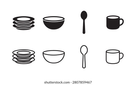 Kitchenware and dinnerware table setting icon set vector illustration isolated on white background.