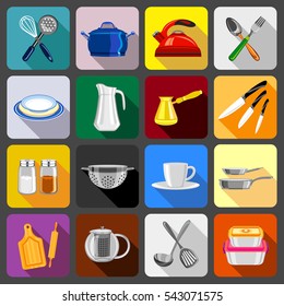 Kitchenware dishes icons set. Flat illustration of 16 kitchenware dishes vector icons for web