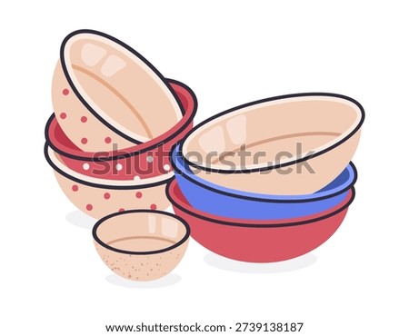 Kitchenware dishes for soup and salad. Deep plates stack, porcelain ceramic bowls flat vector illustration. Kitchen tableware dishes isolated white