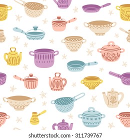 Kitchenware doodle decorated colorful seamless pattern