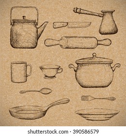 Kitchenware. Doodle image in style retro. Vector illustration.