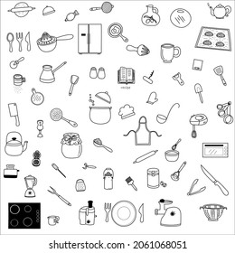kitchenware doodle. tool and ware collection.  set of doodle kitchen tools on white background. 