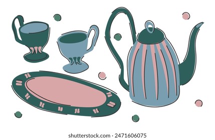 Ensemble d'illustrations pour boire du thé. Une théière élégante, des tasses, un plateau.  Image vectorielle. Objets isolés
