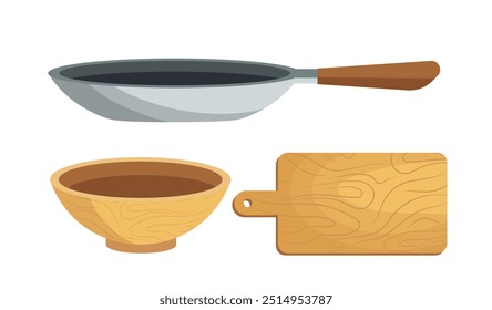 Kitchenware element concept. Wooden cutting board, bowl and frying pan. Dishware and kitchen appliance. Equipment of cafe or restaurant. Flat vector illustration isolated on white background