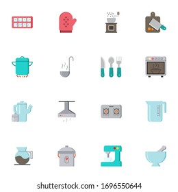Kitchenware elements collection, flat icons set, Colorful symbols pack contains - cooking pot, saucepan, cutting board, pot holder glove, silverware cutlery. Vector illustration. Flat style design