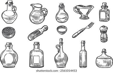 Kitchenware engraved line drawing set isolated on white background.