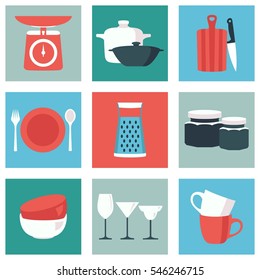 Kitchenware flat design color icons vector collection