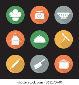 Kitchenware flat design long shadow icons set. Dish plate, apron, chef hat and knife symbols. Kitchen tools items. Cooking equipment. Logo concepts. Vector white silhouette illustrations