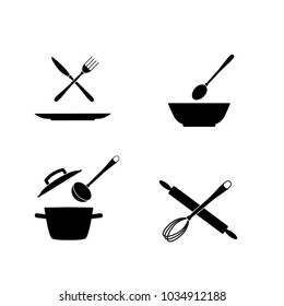 Kitchenware flat design silhouette icons vector set. Black cooking tools, utensils, cutlery isolated. Cartoon flat illustration. Great for logo design and quotes illistration. 