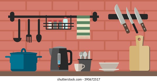 Kitchenware flat icons. Vector illustration of kitchen counter with cooking utensils.