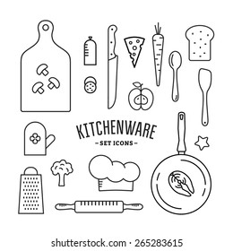 Kitchenware and food icons set. Outline style vector illustration