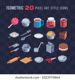 Kitchenware and food isometric pixel art icon set isolated vector illustration 8-bit sprite video game assets.