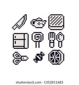 Kitchenware and food pixel art 8-bit icon set, knife, kettle, cutting board, cupboard, candy, scissors, lime, spoon and fork, design for logo mobile app, web, sticker. Isolated 80s vector illustration