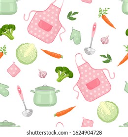 Kitchenware and food seamless pattern. Pink apron, oven mitts, saucepan, spoon, broccoli, cabbage and carrot on white. Cooking Tools and vegetables in cartoon simple flat style. Vector illustration