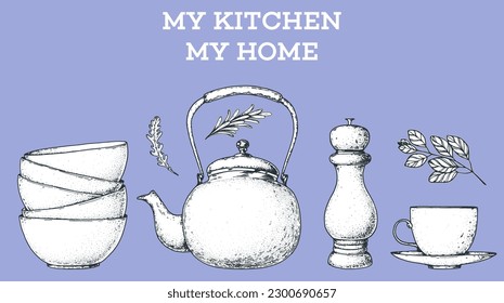 Kitchenware frame. Kitchen utensils sketch. Hand drawn vector illustration.