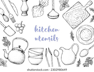 Marco de cocina. Dibujo de utensilios de cocina. Ilustración vectorial dibujada a mano. Cuchara, tenedor, cuchillo, espátula, tabla de corte, tazas, platos