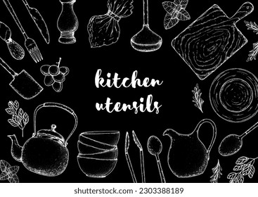 Kitchenware frame. Kitchen utensils sketch. Hand drawn vector illustration. Spoon, fork, knife, spatula, cutting board, cups, plates. Chalkboard background. 