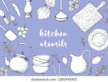 Kochnische Rahmen. Küchenutensilien - Skizze. Handgezeichnete Vektorgrafik. Löffel, Gabel, Messer, Spatel, Schneidbrett, Tassen, Teller