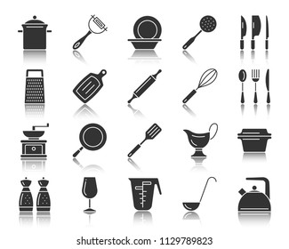 Kitchenware glyph style icons set. Web sign kit of cookware. Dishware pictogram collection includes peeler grater kettle. Simple vector black symbol. Kitchen ware silhouette shape icon with reflection