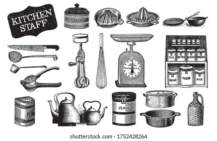 Kitchenware Hand Drawn. Bakery Tools. Сutlery Vector. Black and White Handdrawn Staff. Cooking Utensils Engraving. Cooking Stuff for Menu Decoration. Engraved Old Sketch in Vintage Style.