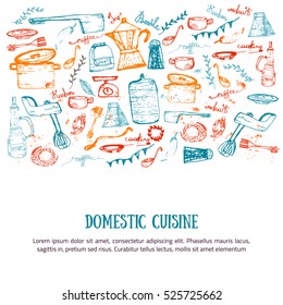 Kitchenware hand drawn banner with lettering in playful style.