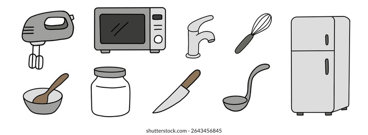 Utensílios de cozinha mão desenhada doodle coleção, aparelhos de cozinha e utensílios em uma ilustração simples.