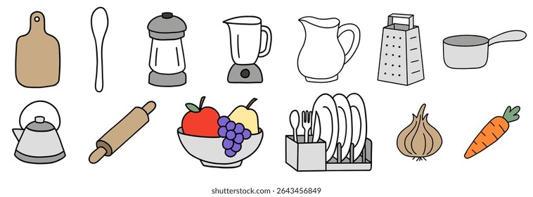 Utensílios de cozinha mão desenhada doodle coleção, utensílios de cozinha e ingredientes em um estilo de arte de linha simples.