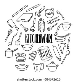 Kitchenware hand drawn doodle icons set. Cooking and baking utensils.