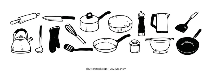 Utensílios de cozinha em conjunto de estilo desenhado à mão, utensílios de cozinha esboçados, Desenho de elementos de cozinha para design cartaz etiqueta embalagem . ícones ilustração vetorial