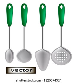 Kitchenware, hanging ladle spoon and spatula, modern, Realistic vector illustration of 3D
