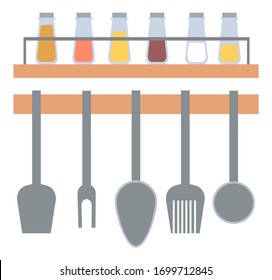 Kitchenware hanging on wall, spoon and fork, spatula cooking metal equipments, set of seasoning in glass, spice rack on shelf, silverware sign vector