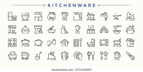 Pacote de ícone de utensílios. Contornar ícones de pacote. Traçado editável. Coleção de vetores. Conjunto de ícones da família. Pictogramas de cozinha, máquina de lavar louça, lavar, casa, eletrodomésticos e muito mais.