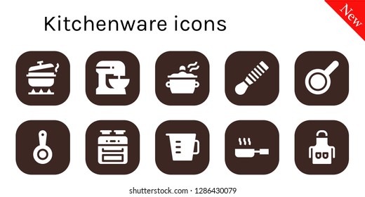  kitchenware icon set. 10 filled kitchenware icons. Simple modern icons about  - Pot, Beater, Spatula, Pan, Oven, Measuring cup, Frying pan, Apron