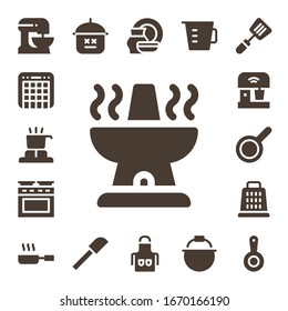 kitchenware icon set. 17 filled kitchenware icons.  Simple modern icons such as: Beater, Mixer, Cooker, Oven, Pan, Grater, Frying pan, Pot, Spatula, Porcelain, Apron, Measuring cup