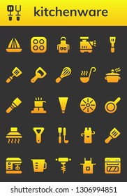 kitchenware icon set. 26 filled kitchenware icons.  Collection Of - Juicer, Spatula, Stove, Apron, Meat grinder, Bottle opener, Mixer, Ladle, Pot, Cooker, Piping bag, Pan, Hood